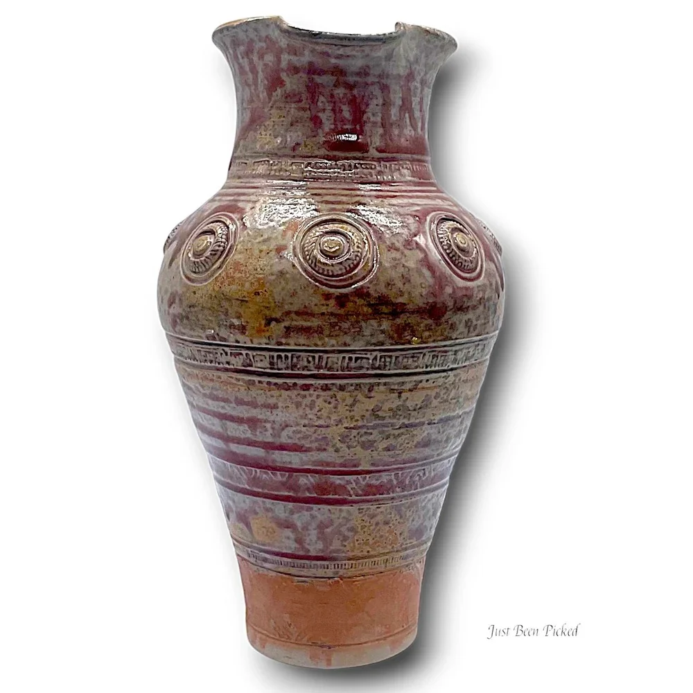 Clark Studio Pottery Pitcher Large‎ Salt Glaze Stoneware Red Tan Medallion